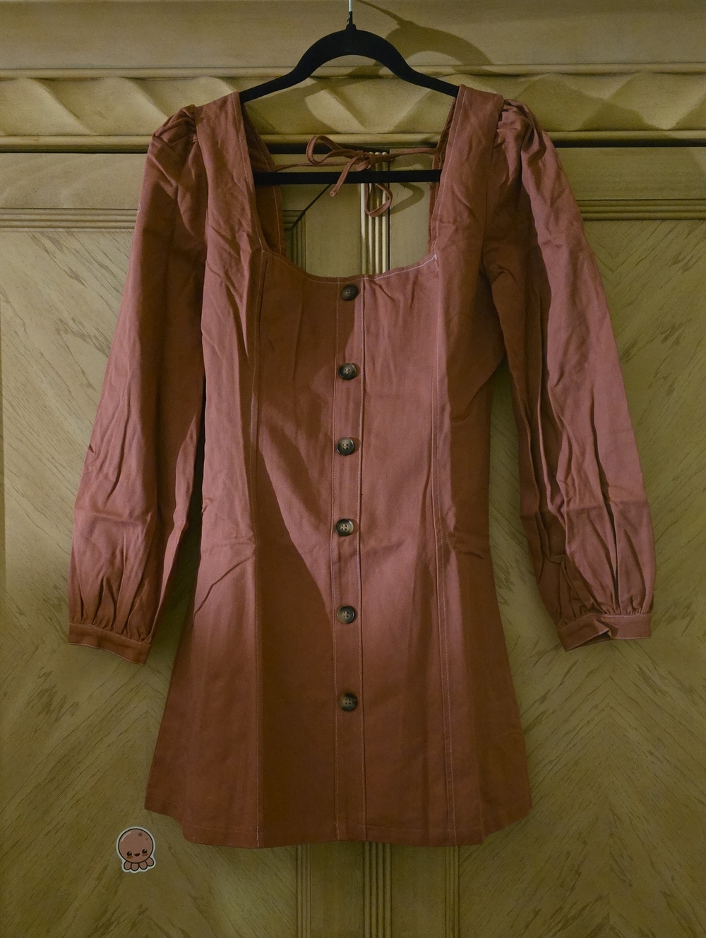 DARK Rust-Pink Button-Front Square Neck Dress
